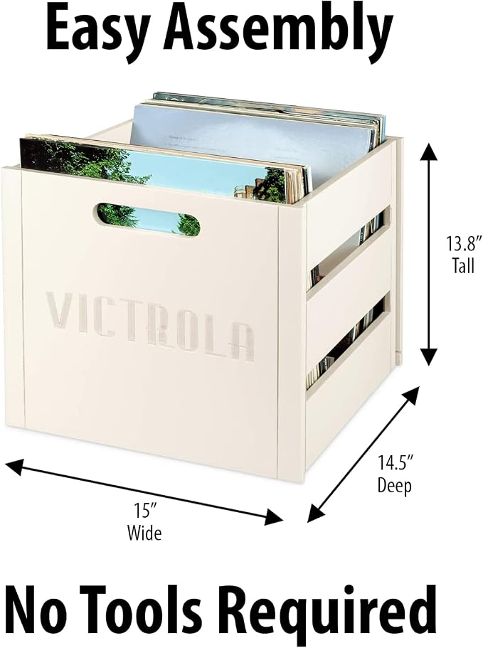 Victrola Wooden Record Crate – Tabletop Vinyl Album Holder, No-Tool Assembly, Holds Over 50 Records, Real Wood Construction, Elegant Design (White)