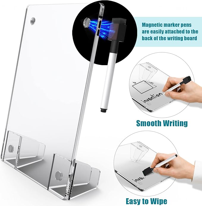 Clear Acrylic White Board 8x6 Inches, Frameless Desktop Dry Erase Board with Flexible Magnetic Stand and Markers, Mini Whiteboard Desk Accessories for Women, Home, Office, School