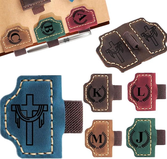 Custom Bookmark with Pen Holder with 26 Letters Personalized Magnetic Leather Book Mark, Customized Name Book Marker Clip with Initial for Men Women, Gifts for Book Lovers, Readers, (Blue, Cross-2)