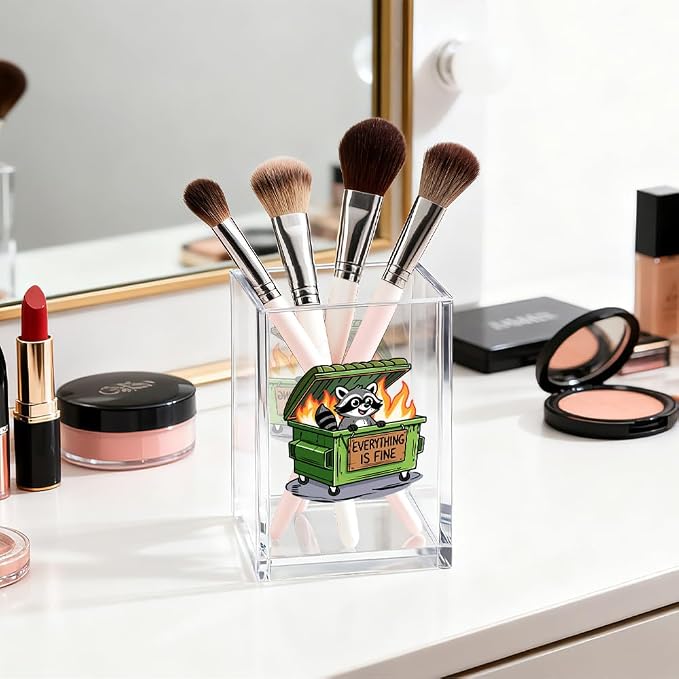 Everything Is Fine Acrylic Pen Holder Cosmetic Organizer, Cute Racoon Pencil Holders & Pen Holders for Desk, Desk Accessories Office Gifts for Coworker, Dumpster Fire Gifts for Teacher Colleague