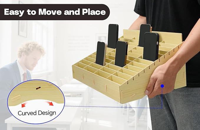 HengTianMei 48 Grid Classroom Cell Phone Holder, 48 Grid Cell Phone Storage Box for Student Management, Wooden Calculator Organizer Caddy for School Office