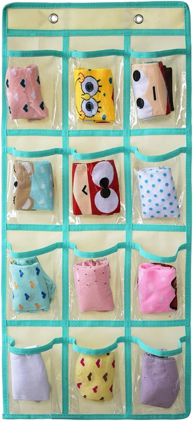 2 Pcs Classroom Pocket Chart Cell Phone Organizer Calculator Holder Over The Door Hanging Storage for Sock Underwear Jewelry with 12 Clear Pockets (Beige)