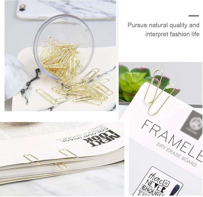 MultiBey NE-Clip-Marble-Round Paper Clips in Elegant Magnetic Marble White Clip Holder, 28mm, Gold, 100 Clips Per Box