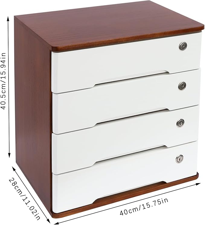 Lockable Desk Organizer Wooden Desktop Drawers Office Flat Files Storage Box Locking Countertop Storage Cabinet (Walnut + White, 4-Tier)