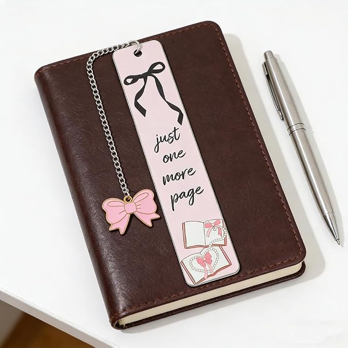 Pink Bow Metal Bookmark Gift Silver Chain Pendant with Bow for Women's Christmas Gift Book Lover Book Accessories School Supplies Office Stationery (Pink Bow Bookmark 2PCS)