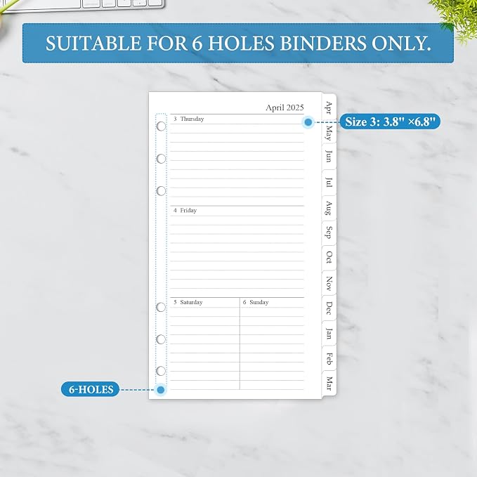 2025-2026 Weekly & Monthly Planner Refill, A6 Planner Inserts with Monthly Tabs, Size 3, 3.8"x6.8", July 2025 - June 2026, 6-Hole Punched