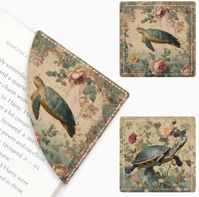 2PCS PU Leather Bookmarks 3.5x3.5 Inch Turtle Floral Garden Design | PU leather bookmarks for books with turtle floral garden design for nature journals, reading clubs and animal lovers.