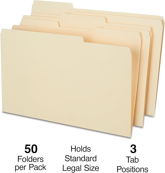 Staples File Folders, Legal Size, 1/3‑Cut Tabs, Assorted Positions, Manila, Durable Paper Stock, 50/Pack