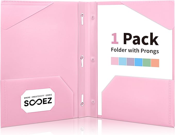 Sooez Plastic Folders with Pockets, 2-Pocket Folders with Prongs Fit Letter Size Paper, 1 Pack Heavy Duty 3 Prong File Folders for Documents, Colored File Folder Back to School Supplies for Kids
