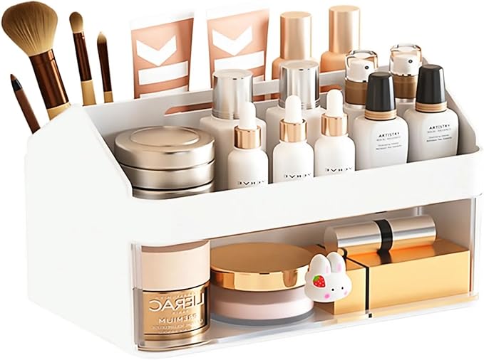 SAYEEC Desk Organizer with Drawer Multi-Functional Makeup Organizer with Handle 7 Compartments Pencil Pen Holder Small Desktop Storage Box Desk Accessories Caddy for Office Home Art Supplies (White)