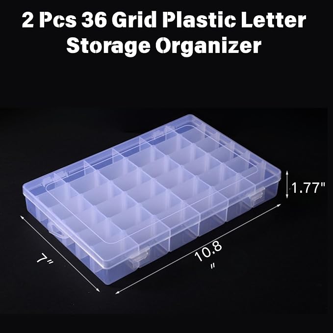 2 Pack 36 Grid Plastic Organizer Container Box, Letter Storage Organizer with Adjustable Dividers for Letter Board, Alphabetical File Organizer for Junk Journal and Scrapbooking, 10.8″ * 7″ * 1.77"