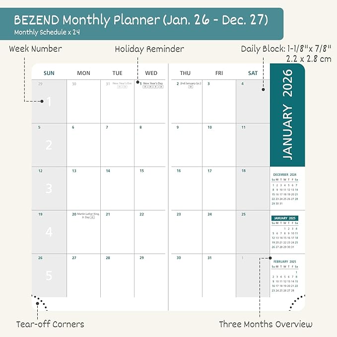 BEZEND Pocket Monthly Planner 2026-2027 (3.5" x 6.5") 2 Year Calendar Book for Purse with Note Pages, 100 GSM Paper, Inner Pocket, Pen Holder, Vegan Leather Hardcover in Turquoise