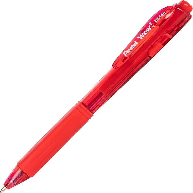 Pentel Wow! Retractable Ballpoint Pen, (1.0mm), Medium Line, Red Ink, Box of 12 (BK440-B)