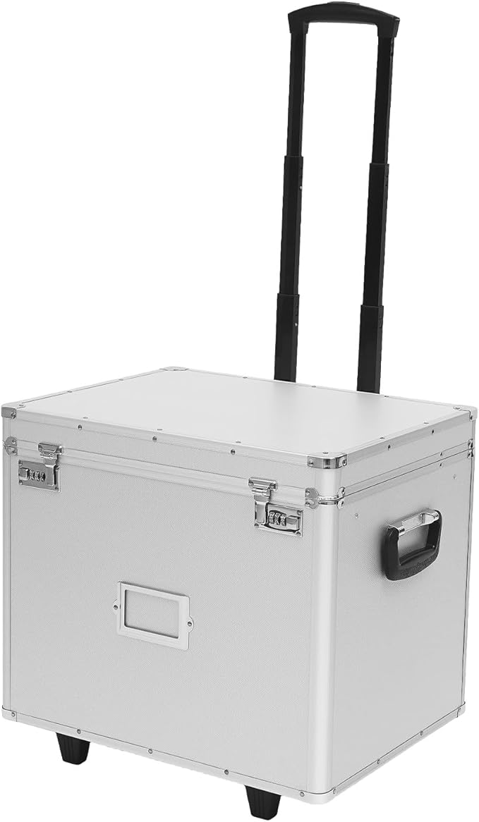 Locking Rolling File Box with Wheels, 19.2" L Portable Aluminum Alloy Storage Case on Wheels, Mobile Business Document Organizer with Handle for Home Office Travel (Silver)