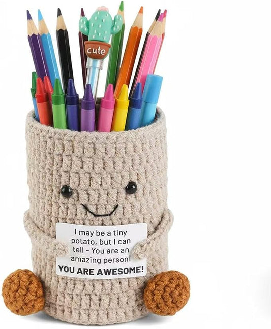 Cute Crochet Pencil Holder with Positive Message,Makeup Brush Holder Desk Organizer for Office School desk,Best Gift For Colleague Classmate And Friends Back to School Suplies