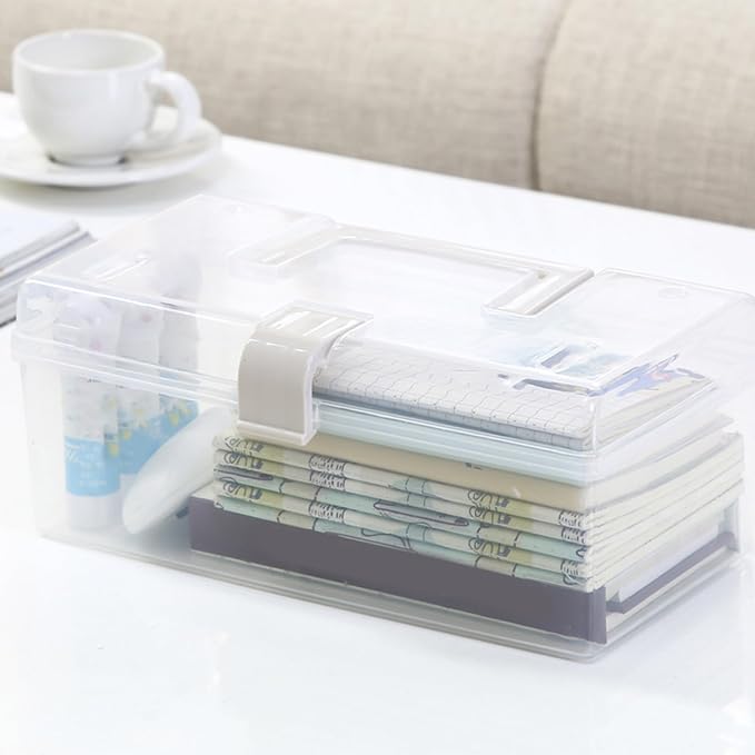 Transparent Storage Box Large Capacity Handheld Desktop Organizer Portable Multifunctional Storage Container with Handle for Home Office (L)