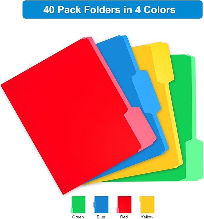 HABGP 40 Pack Manilla Folders 8.5 x 11 Inch, 1/3-Cut Tab Colored File Folders Letter Size, Paper File Folders, Manila Folders Home Office School Supplies for Documents Files, Assorted 4 Colors