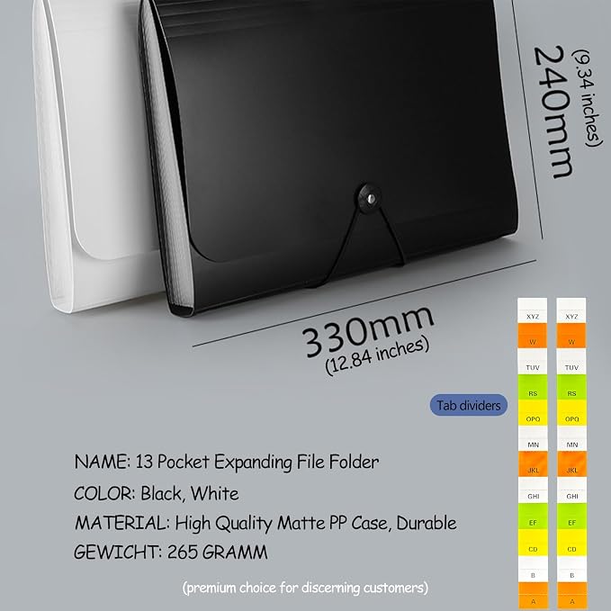 Expanding File Folder 13-Pocket Accordion Organiser | A4 Document Folder for Paperwork Storage | Portable Concertina Expanding File for Office/Home/School Use (Colored Inserts)