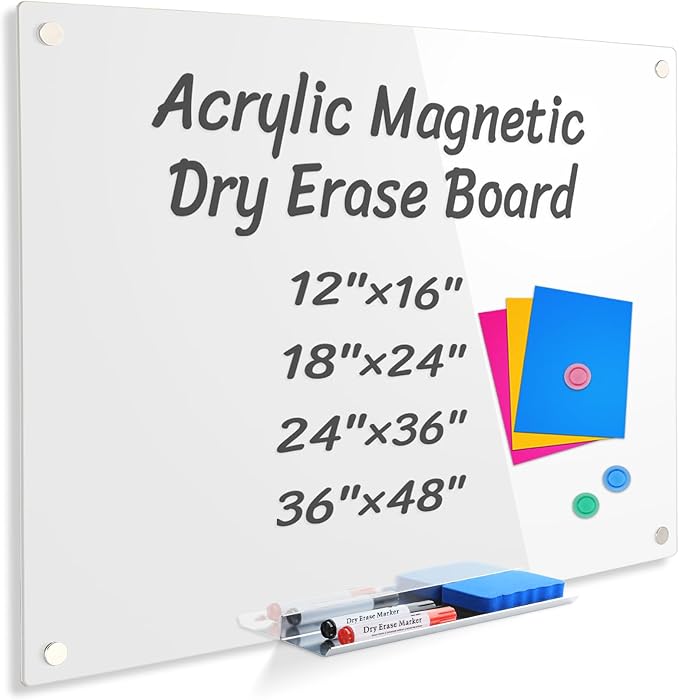 Acrylic Magnetic Dry Erase Board for Wall, White Board 36”x24”，Frameless Magnetic Dry Erase Board for Office,Classroom and Home for Kids,Students,Adults.6090W