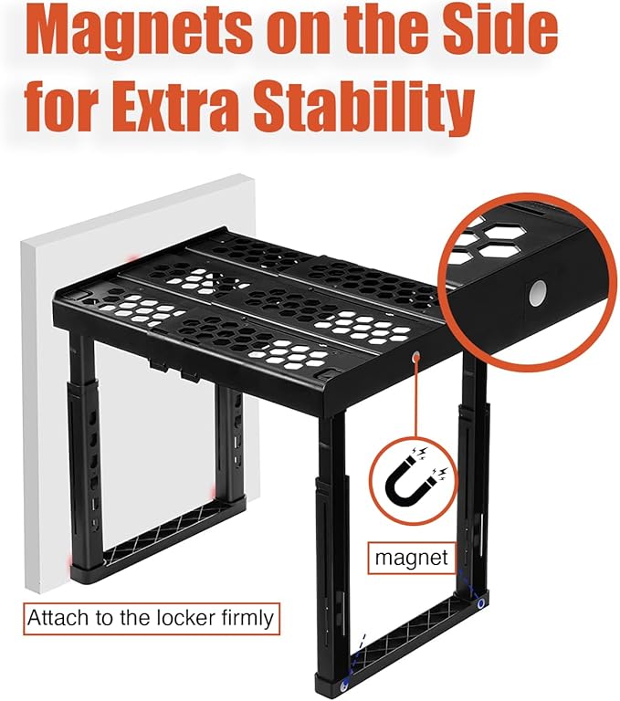 Piffny Locker Organizer Shelf, Adjustable Width and Height, Stackable, 2 Pack, Ideal Locker Shelf for School, Office, Gym Lockers, or Even Kitchen Cabinets & Under Sink Organization (Black)