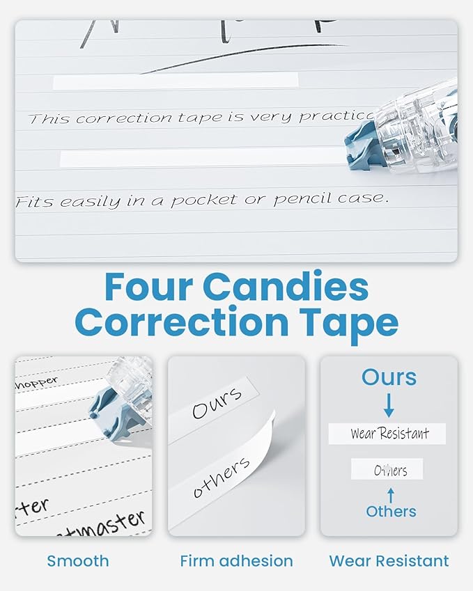 Four Candies 4PCS Refillable Retractable White Correction Tape, Colorful Aesthetic Pen Shaped Quick Dry Smooth Instant Applicator with 4 Extra Refills for Students School Office Supplies