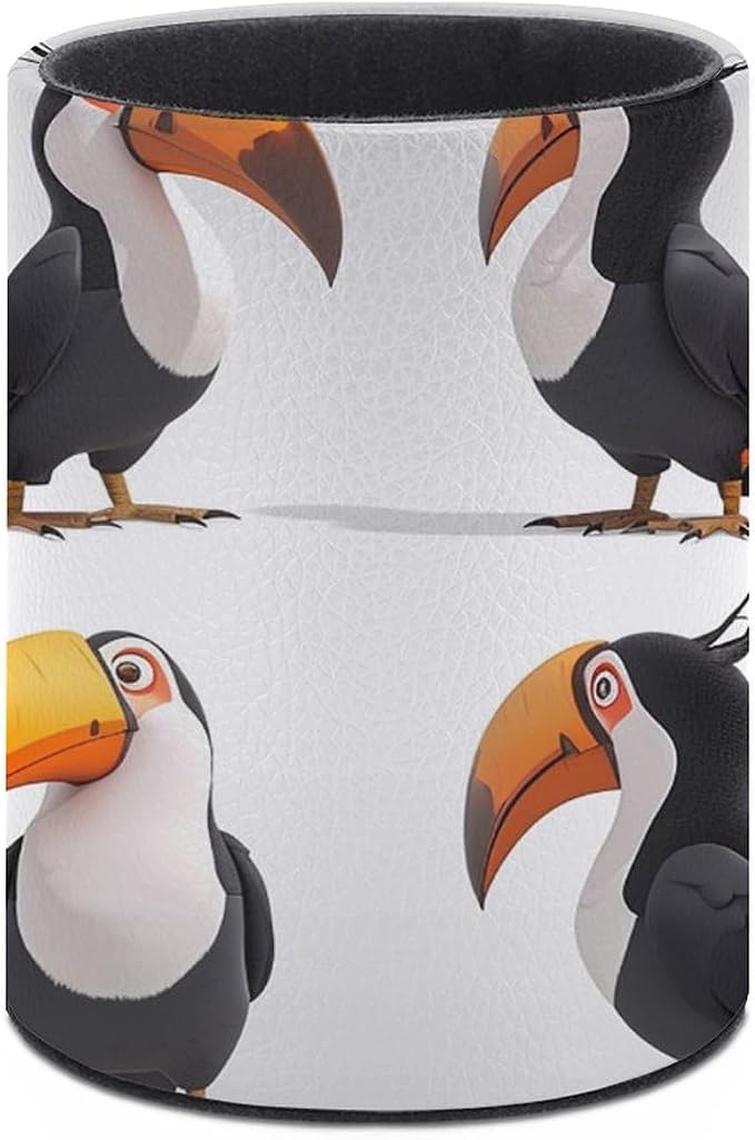 A Friendly Toucan Pencil Holder Round Pen Cup Different Poses PU Leather Marker Holder Makeup Brush Holders Desk Accessories Workspace Organizers for Home School Office