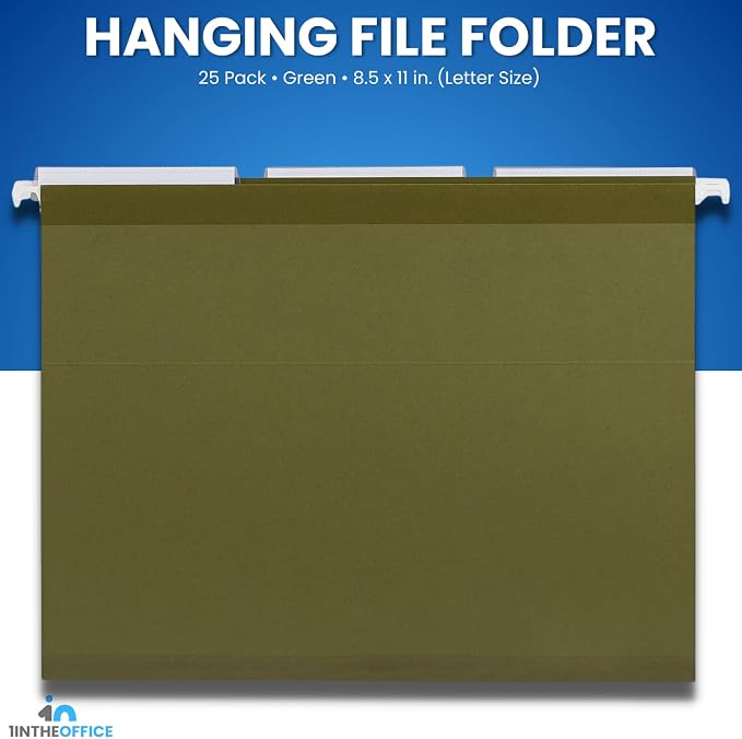 1InTheOffice Hanging File Folders Letter Size, File Cabinet Folders, Reinforced, 1/5 Tabs, Adjustable, Green, 25 Pack