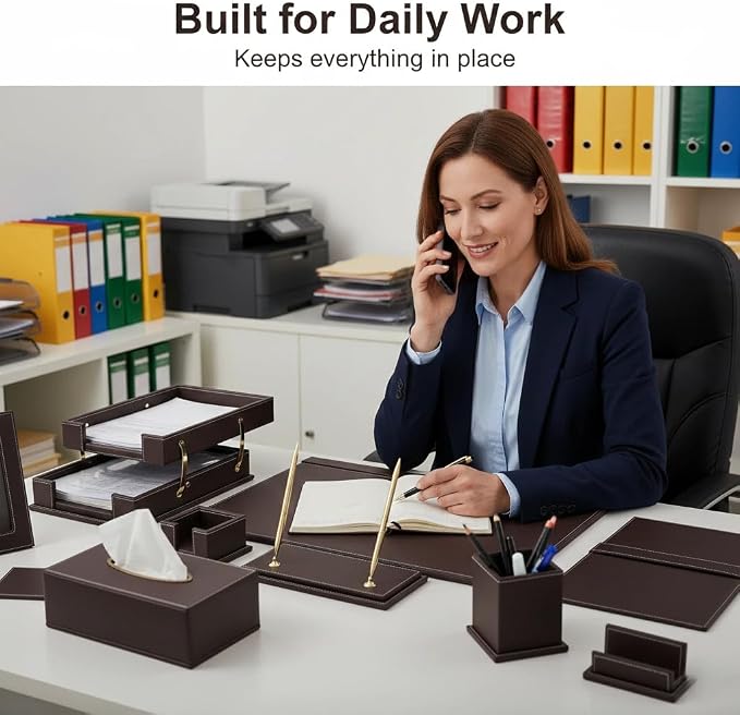 Leather Desk Set, 11-Piece All-in-One – Executive Desk Accessories & Office Supplies,Desk Organizer with Desk Pad & Blotter, 2-Tier Letter Tray, Luxury Office Desk Decor & Boss Gifts (Brown)