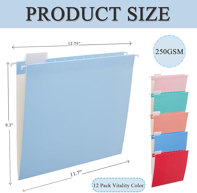 12 Pack Hanging File Folder Letter Size Reinforced Hanging Folders with 1/5-Cut Adjustable Tabs File Folders for Filing Cabinet Organizer for Office Home,Vitality Color