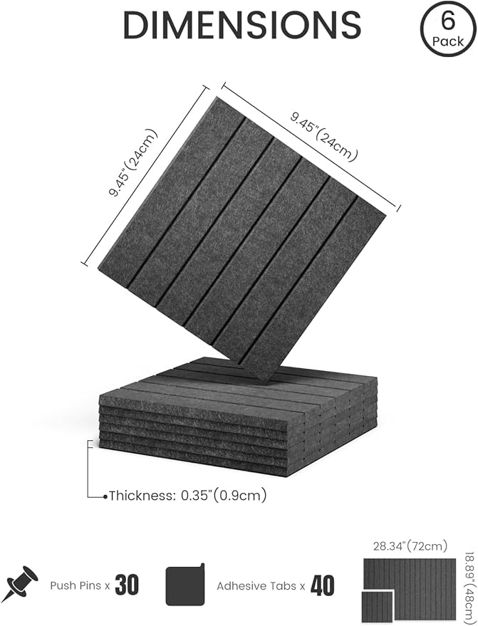 Fluxynara Felt Bulletin Board Tiles -28"x18" with 40 Adhesive Tabs, Cork Board Alternative for Office Decor, Push Pin Board Wall Organizer 6-Pack (Charcoal Gray)