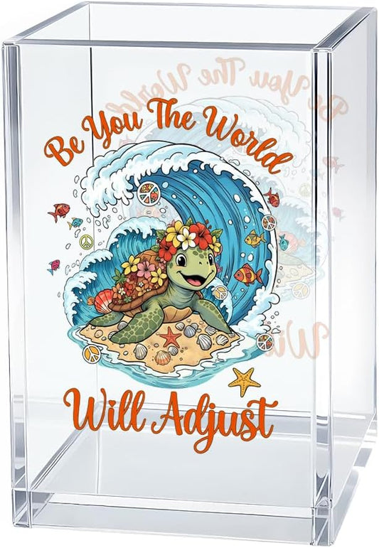 Be You The World Will Adjust Pen Holder Makeup Organizer, Funny Sea Turtle Pencil Pen Holder for Desk, Ocean Beach Theme Desk Accessories, Coastal Organizer Office Gifts for Coworker Friend