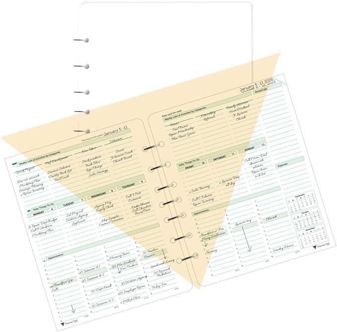 Planner Pad 7 Hole Loose Leaf January-December 2026/ Calendar Year 6 3/4" x 8 1/2" Medium 3-Tier Funnel Down 12 Month Organizer, Soft Green Ink