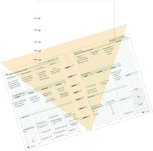 Planner Pad 7 Hole Loose Leaf January-December 2026/ Calendar Year 6 3/4" x 8 1/2" Medium 3-Tier Funnel Down 12 Month Organizer, Soft Green Ink