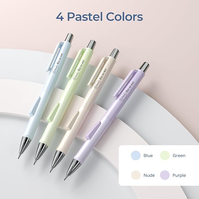 Nicpro 4 PCS Pastel Mechanical Pencil 0.7mm, Cute Fast Click Mechanical Pencils Set with 8 Tubes HB Lead Refills, Erasers, Eraser Refills for School, Student Writing, Drawing, Sketching - with Case