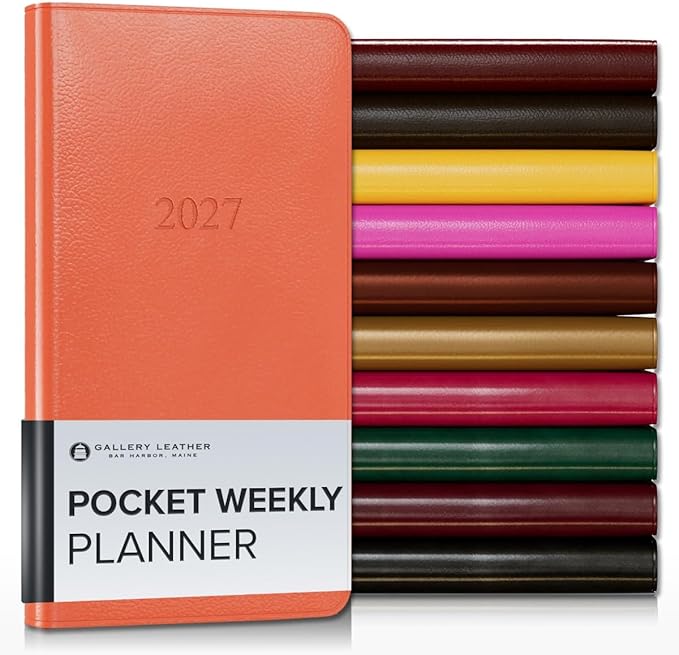 Gallery Leather Pocket Weekly Monthly Planner 2027, Elegantly Bound Calendar Planner and Notebook with Stylish Gold-Gilded Page Edges, 12 Months - Caribbean Sunset - 6x3.25"