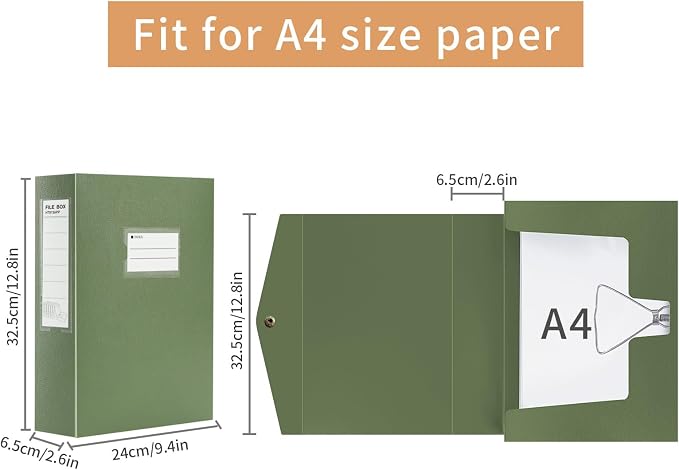 HUA JIE 2 Pack A4 Storage File Boxes Archives Case,65mm Spine,Box File Document Storage Box with Metal Clip for Office School -Green