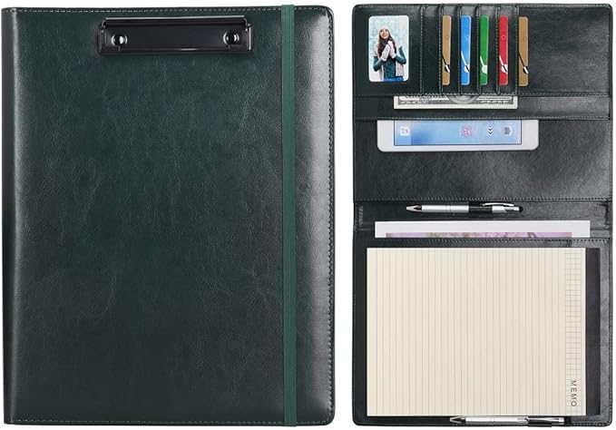 Wonderpool A4 Leather clipboard Folio Notepad with Interior Storage Pocket - Writing Padfolio File Document Case Holder for Office Travel School Hotel Hospital (A4,Green)