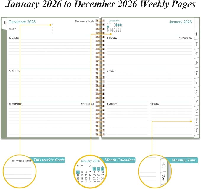 2026 Planner - Planner 2026 from January 2026 to December 2026 with 12 Monthly Tabs, Flexible Cover, Inner Pocket, 8.5" x 11", Green-C