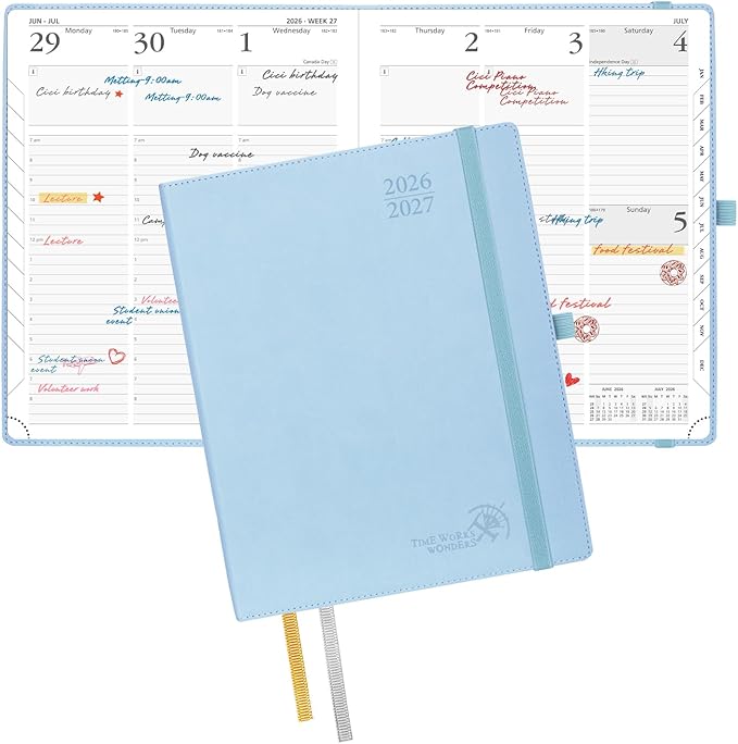 POPRUN Planner 2026-2027, Large-8.5" x 10.5", Academic Planner 2026-2027 Weekly and Monthly (July 26-June 27) Hourly Appointment Book with Inner Pockets, Leather Soft Cover, 100GSM - Blue