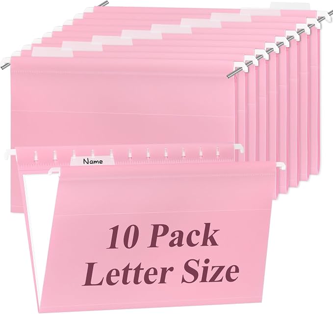 Letter Size Pink Hanging File Folders Hanging Document Folder Plastic Transparent Hanging File Folder for File Cabinets Document Filing (10, Pink)