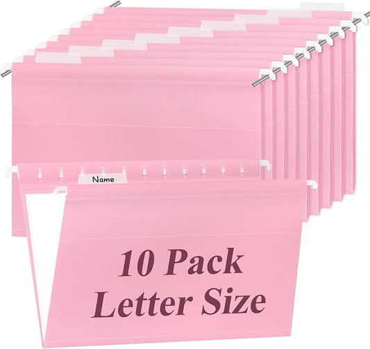 Letter Size Pink Hanging File Folders Hanging Document Folder Plastic Transparent Hanging File Folder for File Cabinets Document Filing (10, Pink)
