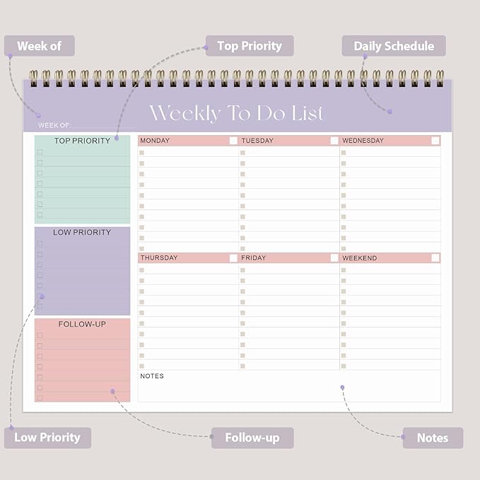 Weekly To Do List Notepad, Undated Planner with 52 Sheets (8.5''x11''), Desk Weekly Planner for Women & Man, Home School & Work