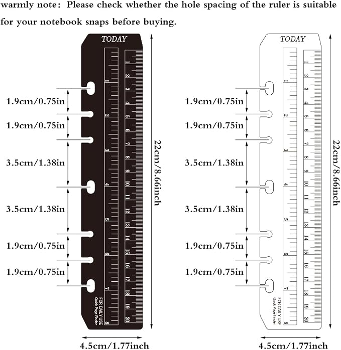 JKJF 4 Pcs Plastic Page Marker Snap-in Bookmark Ruler Binder Ruler for A5 Size 6-Hole Notebook Filler - Clear and Black