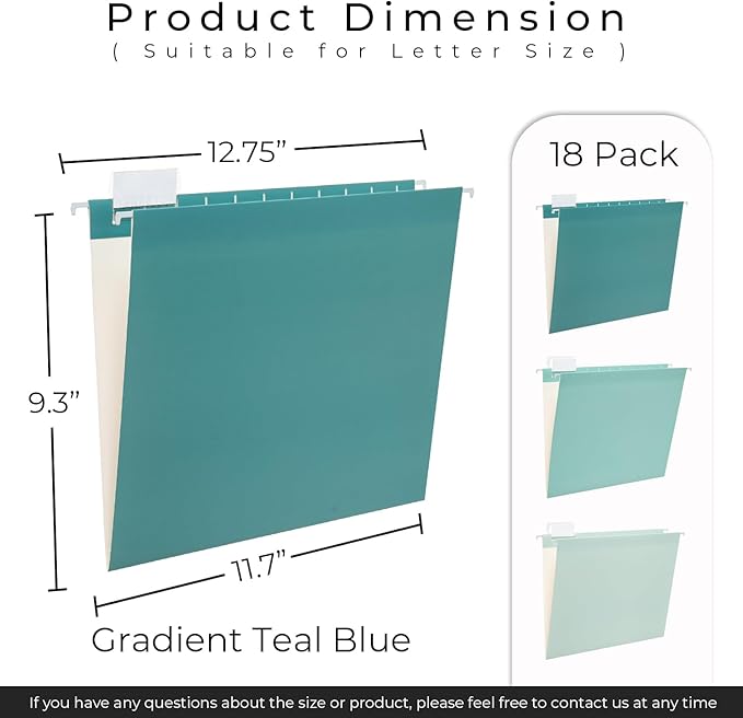 Y YOMA 18 Pack Gradient Hanging File Folders Letter Size Decorative Hanging Folder Pretty File Folder Organizer for Filing Cabinet Office Home with 1/5-Cut Adjustable Tabs, Teal Blue
