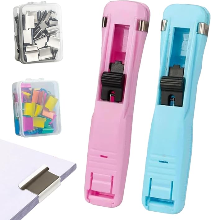 Portable Binder Clip Stapler, Includes 100 Reusable Clips, Mini Push Stapler Clamp Staplers for Desktop Document Home School Desk Office (Pink+Blue)