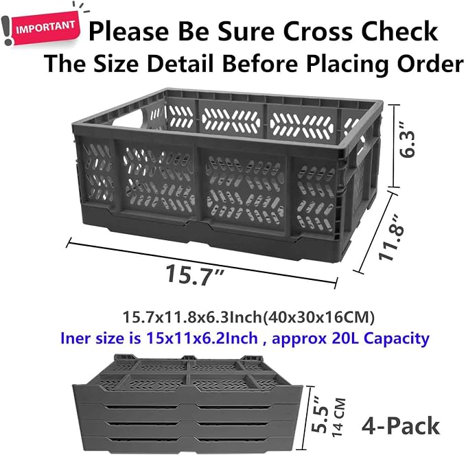 4-Pack Plastic Storage Crates,20L Foldable Baskets,Collapsible Crates, Baskets and Bins for Toys, Home Storage, Office Products, Gifts, Easter Eggs (Grey)