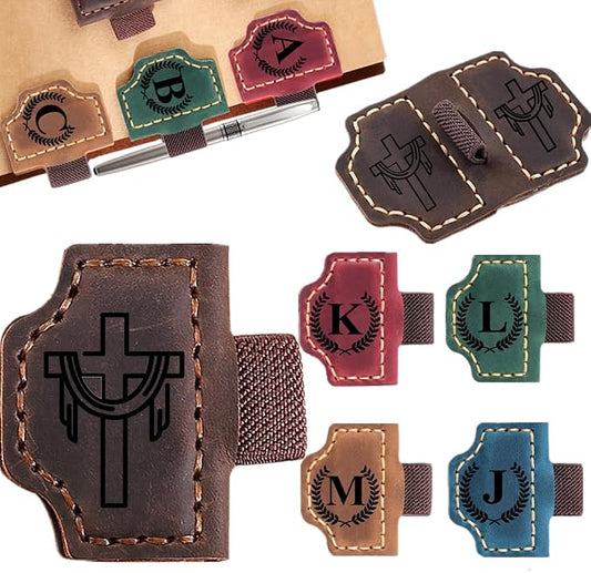 Custom Bookmark with Pen Holder with 26 Letters Personalized Magnetic Leather Book Mark, Customized Name Book Marker Clip with Initial for Men Women, Gifts for Book Lovers, Readers, (Coffee, Cross-2)