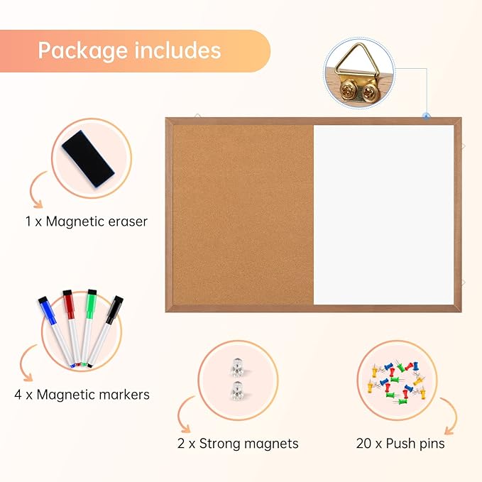 Combination Magnetic Whiteboard Cork Bulletin Board, 36x24 Inches Combo Dry Erase White Board Cork Pin Board for Wall with Natural Wood Frame…