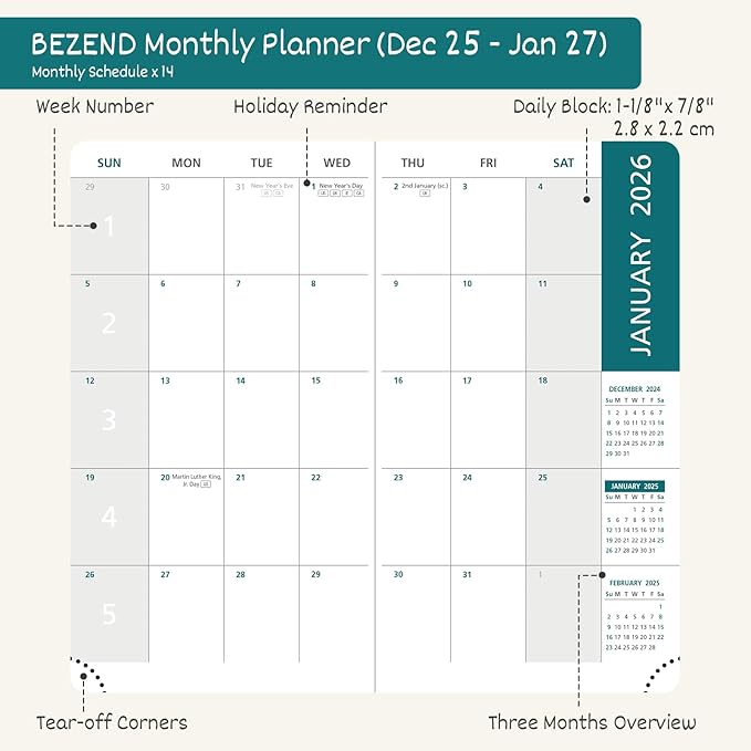 BEZEND Pocket Monthly Planner 2026, Small Calander Book 3.5" x 6.5" Runs Dec 25 to Jan 27, 14-Months Slim Planner for Purse with Rose Gold-Glided Paper Edge & PU Leather Softcover in Evergreen