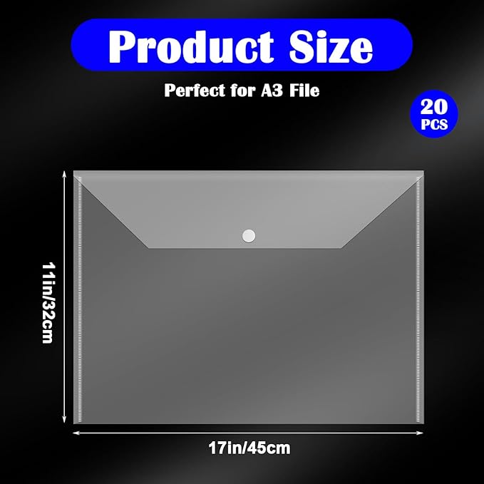 20 Pcs 11 x 17 inch A3 Document Folder Organizers Clear Large Plastic Envelopes Document File Storage Holder with Snap for Office Home